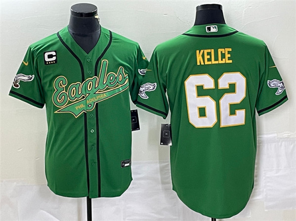 Men's Philadelphia Eagles #62 Jason Kelce Green Gold With C Patch Cool Base Stitched Baseball Jersey